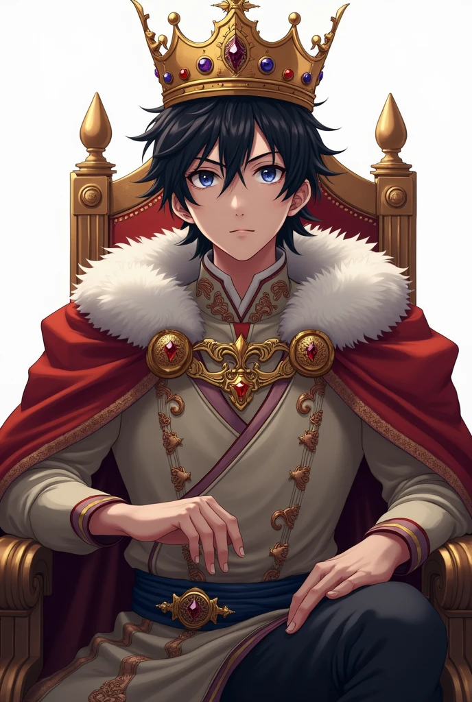 King Anime adult Boy serious sitting with a crown and white background