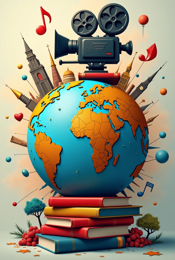 a movie camera, a musical note, a stack of books, a television screen and social media icons, offering around a globe, symbolizing the global impact of the cultural industry. Colors are vibrant to reflect cultural diversity, but also subtle to maintain a professional tone.