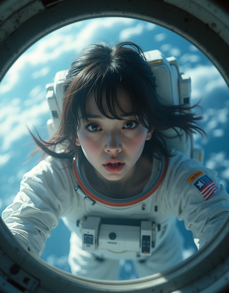 photo-realistic, ultra-realistic, very beautiful Japanese university student girl, famous Japanese idol, 25 years old, at the space station, Emergency escape, rapid decompression, explosion, hopeless, oxygen deprived, unable to breathe, Magnificent view of Earth, dramatic scene, masterpiece, (face focus:1.3), beautiful eyes,