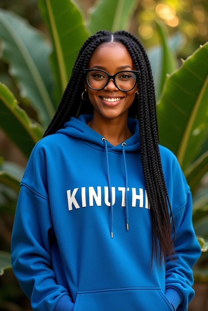 (photorealism:1.2), beautiful black African woman,22 years,sharp boobs, smiling wearing a fitting blue hoodie written "Kinuthia",long braids, black  oversized photo chromatic glasses, standing , plants in background Rihanna inspiration 