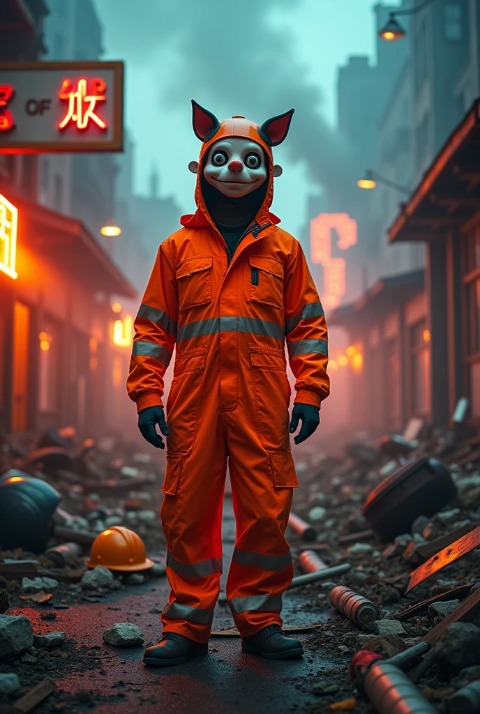 A man using a dangerous environment hazard orange suit with a dramatic comedy mask on his helmet 