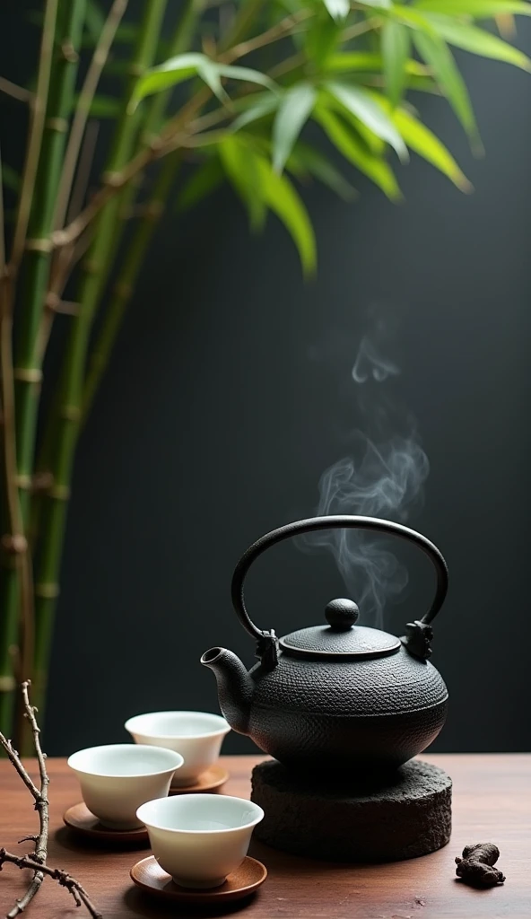 (Leave the left half of the screen blank)Nice looking cast iron kettle(Describe the texture of iron in detail)teapot(Make tea、There is smoke),Place it on the kiln-burning charcoal stove.Exquisite white ceramic glaze small teacup set on wooden coasters.Dead Branches. Inspired by the tea ceremony scene, cozy atmosphere, Zen and calm, A taste of serenity and zen, Warm and respectful atmosphere, Comfortable environment, Just relax, feeling of happiness, Soft light and shadow.high quality. High style.Zen style bamboo branches and leaves background（best quality）（intricate details）(leave a big blank)Minimalism, romanticism, Chiaroscuro, outer boundary, Ultra high quality, masterpiece, anatomically correct, Super detailed, best quality.Nice photos