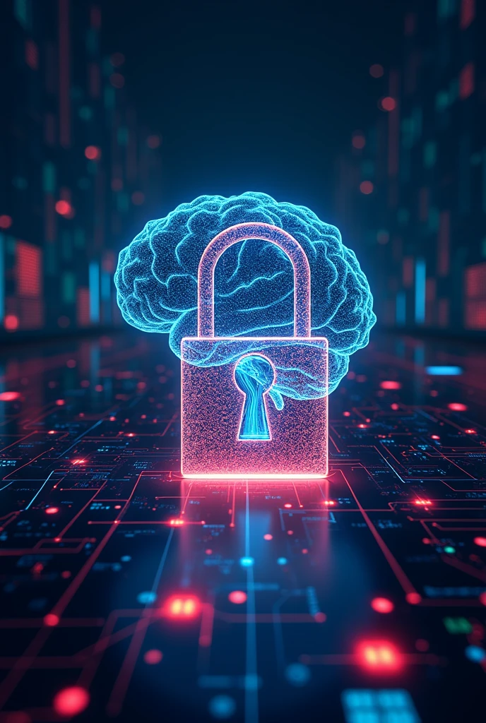 AI security collage that integrates a digital brain, A padlock, and data charts.