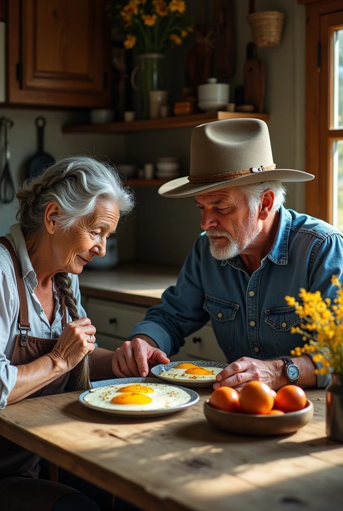 The poor old woman braids her hair and watches the cowboy man eat fried eggs