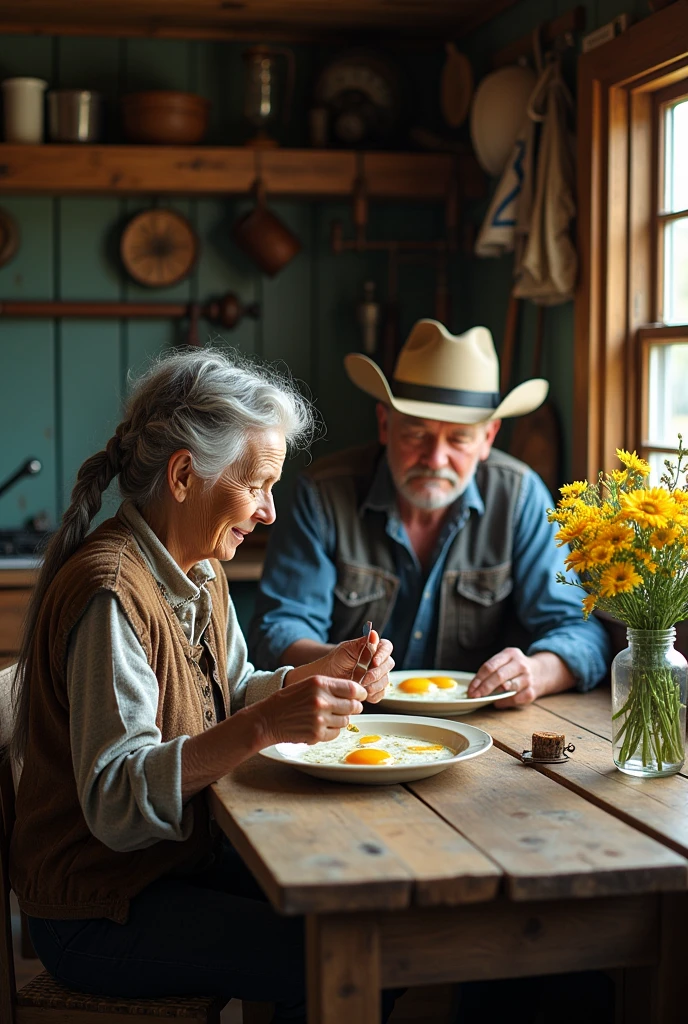  The poor old woman braids her hair and watches the cowboy man eat fried eggs 