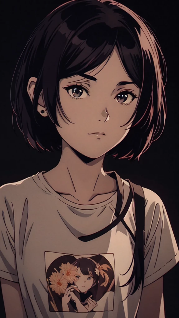 anime girl with black hair and a white t-shirt standing in front of a dark background, artwork in the style of guweiz, profile of anime girl, portrait anime girl, beautiful anime portrait, looking to the viewer, short black hair, bangs, closed mouth, t-shirt,