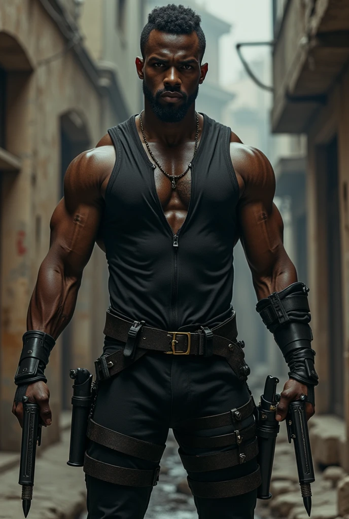 Create a black male character who uses two daggers on the sides of his thighs and two precision pistols