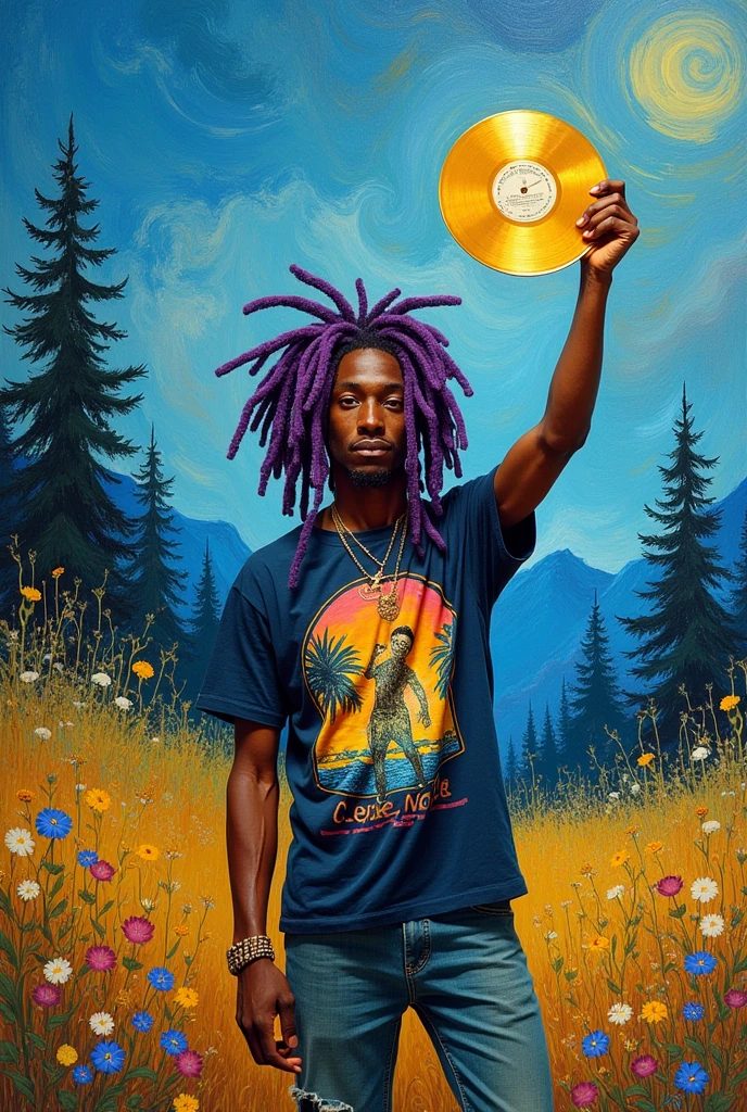 Create a young trapper, with stylish little purple dred, sem T-shirt, holding a golden record , in van goghur style