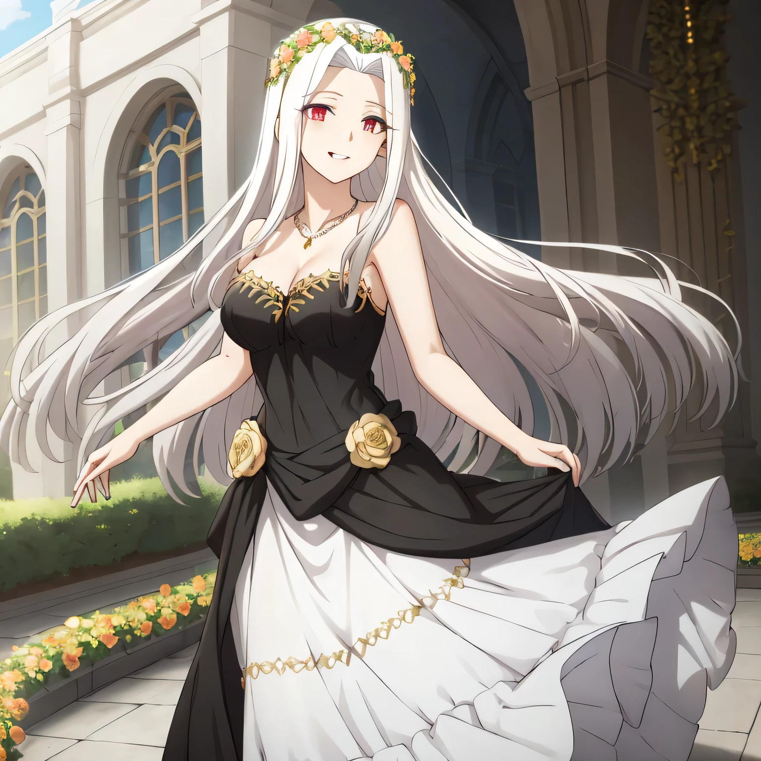 Irisviel,black with gpld dress sleeveless of wedding,solo,beautiful laughs,arm at side,middle size of breast,beautiful necklace,matching remix,revealing dress,in beautiful garden,happy smile, Irisviel carrying flowers on her hand,,golden wreath,Shining breasts,beautiful breasts,