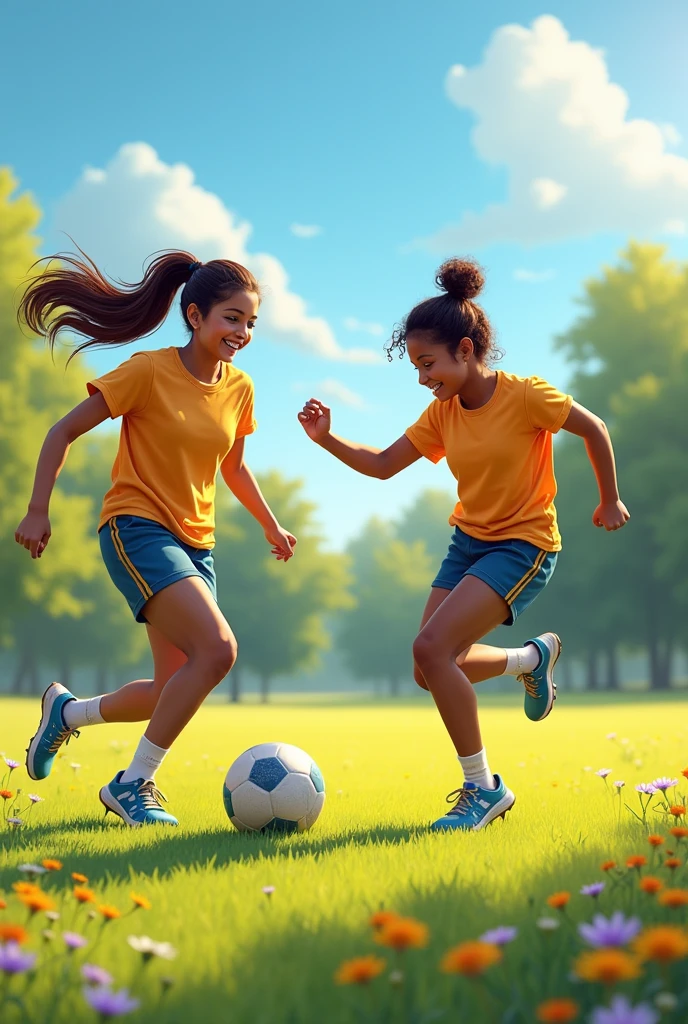 Two friends who play soccer, one is taller than the other and their names are Sheyla and Reyna.