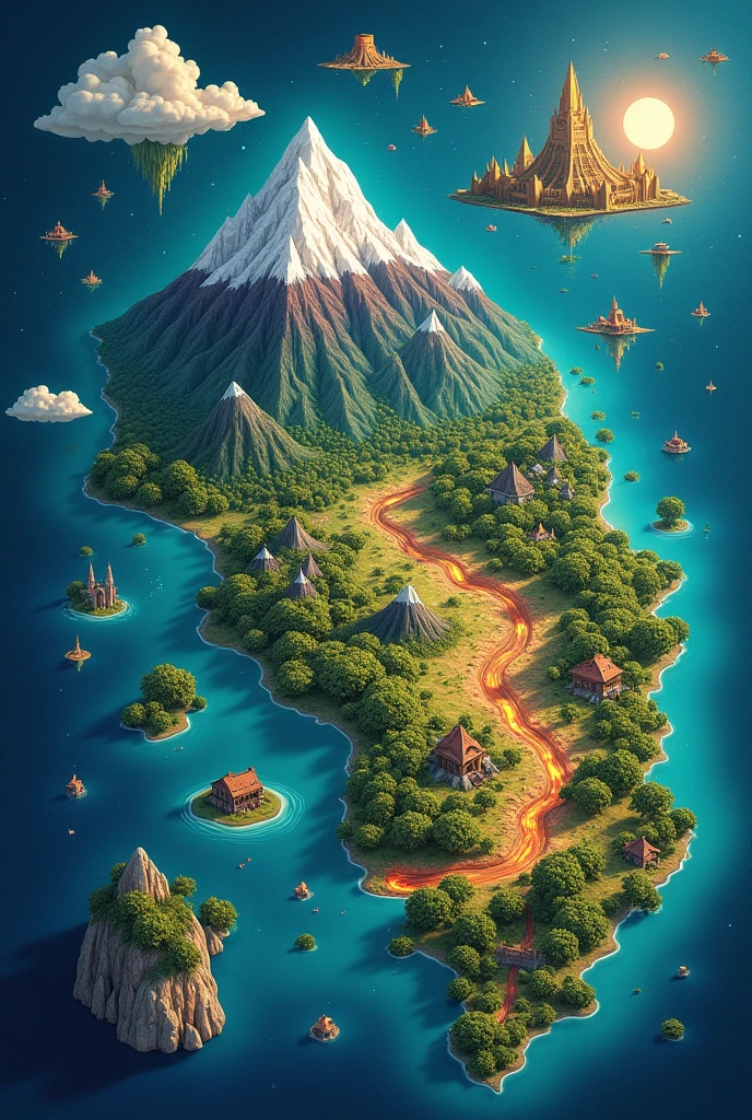 Illustration of a map indonesia but only show sulawesi kalimantan and jawa from the globe but modify it to be more fantasy like some places in the north kalimantan have snow part and some place in the jawa have volcanic part also make the size of whole map more smaller and closser and change the island model to be more fantasy like DnD game