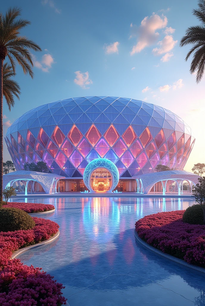 Create a concept design arena based on a diamond 💎 and please show me the exterior design