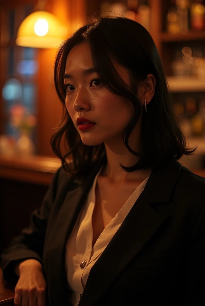 My face flushed in the dimly lit bar.、A beautiful black-haired Japanese office lady in her 20s wearing a suit。Her ample chest flashes from her white blouse.、She is looking at me with a seductive expression.
