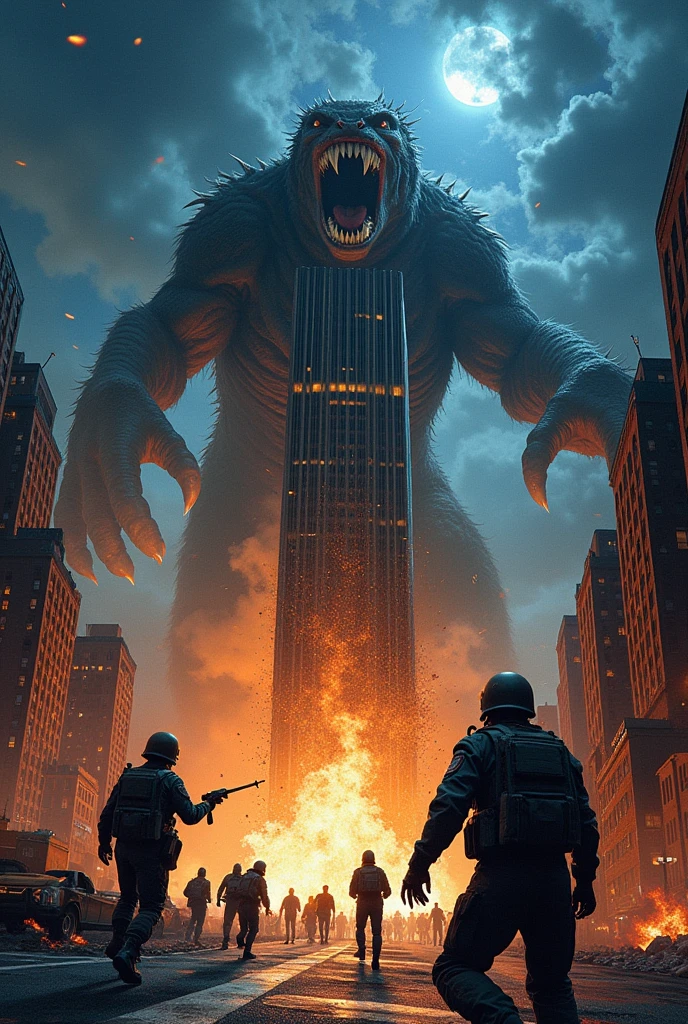 80's monster movie posters、An illustration、ビルをdestructionする怪獣、Several people running away々、I'm in a panic、Every detail was drawn with brush and paint.,huge,Realistic monsters、Focus on the monsters、City、Collapsing high rise building、destruction,Manhattan at night,A person running away from a monster at full speed々、US troops confront、fear