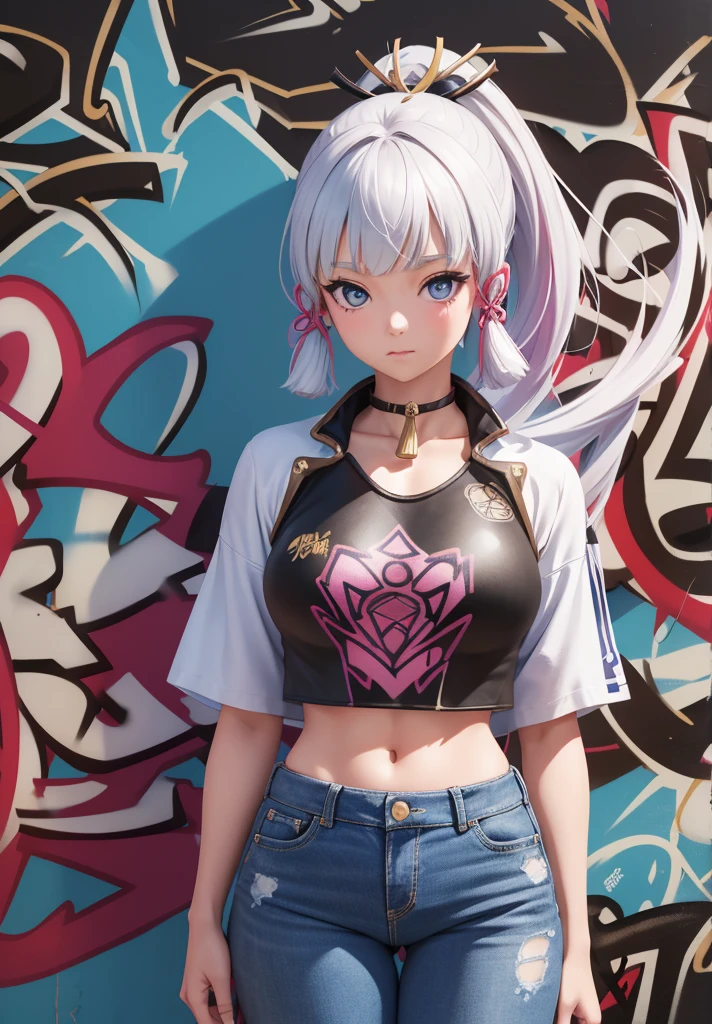 kamisato ayaka|genshin impact, master-piece, bestquality, 1girls,25 years old, proportional body, elongated legs, Beautiful, proportional., crop top, Long Jeans, mediuml breasts, ,bara, crop top, choker, (Graffiti:1.5), Splash with purple lightning pattern., arm behind back, against wall, View viewers from the front., Thigh strap, Head tilt, bored,(NSTDA.:1.2), (10, beste-Qualit, master-piece: 1.4), Beautiful red hair, ultra-high resolution, (lifelike, photorealistic portrait: 1.48), 20 age, Cute Girl, (Looking Through Crop Tops.), Famous Japanese actors, beautiful clear eyes, Head tilt, cowboy shot, from the front, looking at the audience, expressionless, Beautiful lake, Zeiss 150mm F/ 2.8 Hasselblad, Whole body, foot, Ultra-Wide Angle,