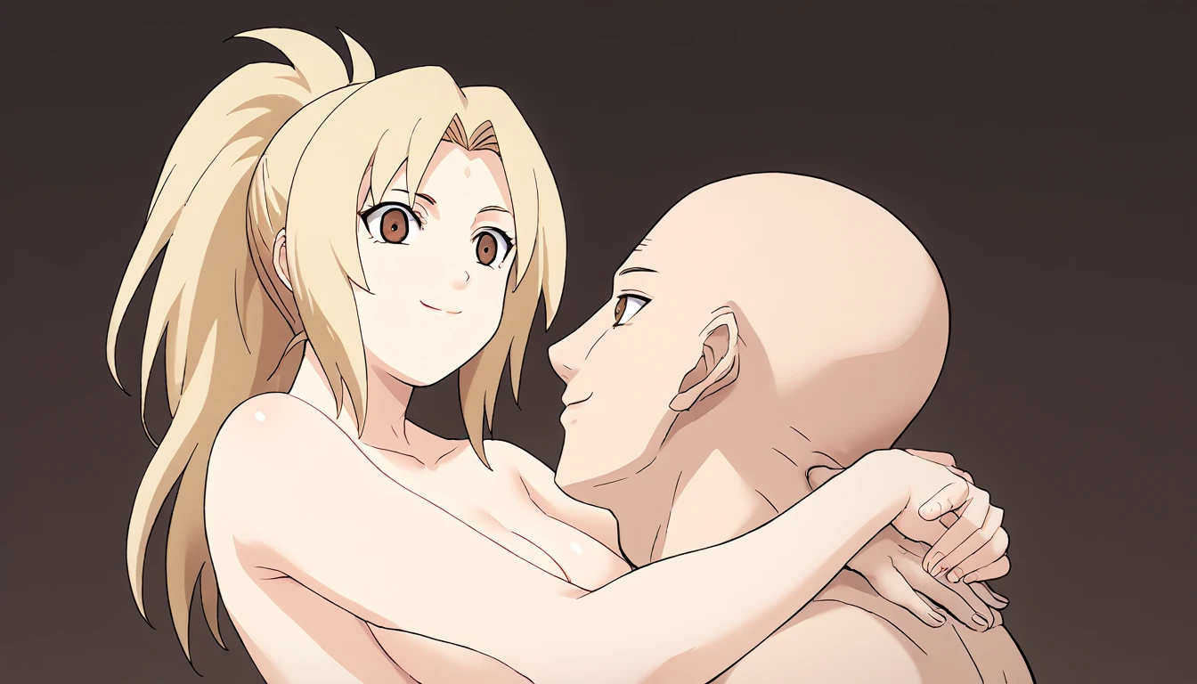 BREAK, source_anime,
upper body, 1 young girl, senju tsunade, anime_source, long hair, younger girl, child, blonde hair, brown eyes, parted bangs, ponytail, shiny hair, smaller girl, naked, konohagakure protector, beautiful legs, beautiful body, naked, konohagakure background, smile, BREAK 1boy, white skin, netorare, taking a selfie, hug, taller male, bigger male, adult male, bald male, bald boy.