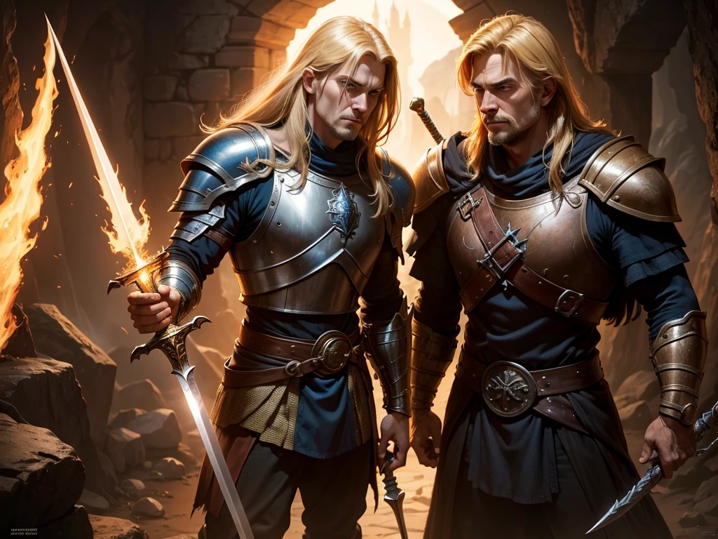 a man holding a sword in a dark room, a dark cave, the art of Edwards poster, jeff easyley dramatic light, Jeff Easley cinematic, por Jeff Easley, portrait of he man, Fantasyart, portrait painting of he man, Marco Schultz, he man, inspirado em Clyde Caldwell, dragon spear illustration, adult man, blond, hair flying, stark, knight, full body, medieval fantasy, looking straight ahead, high resolution, 4k resolution, warm hues,