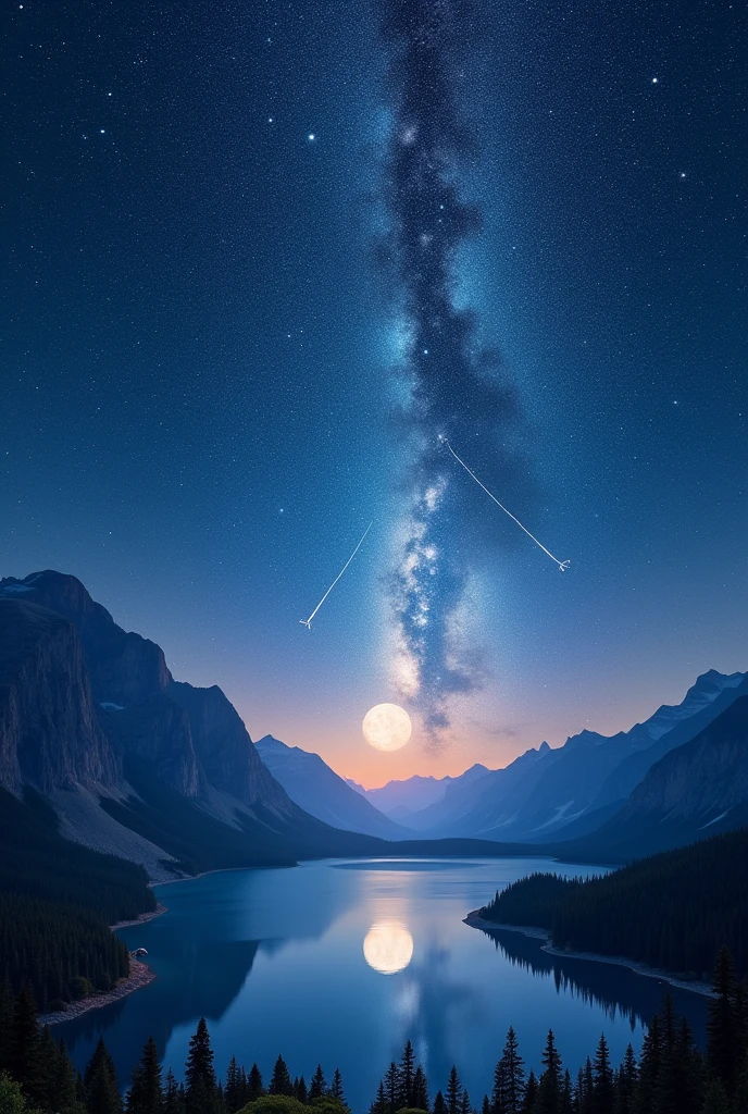 A beautiful sky scene,The night sky is filled with,Stars of varying brightness,Glittering galaxies and nebulae add a splash of color to the deep blue sky,In sharp contrast to the blackness of space,A dazzling meteor streaked across the sky,Breaking the monotony of the sky,Leaving behind a trail of glowing particles,far away,A full moon emits a soft silver light,Illuminating a peaceful silhouetted landscape,Towering mountains and calm lakes reflect the sparkling night sky,Glittering constellations dance around the moon,Each constellation tells a mythical figure and a legendary story