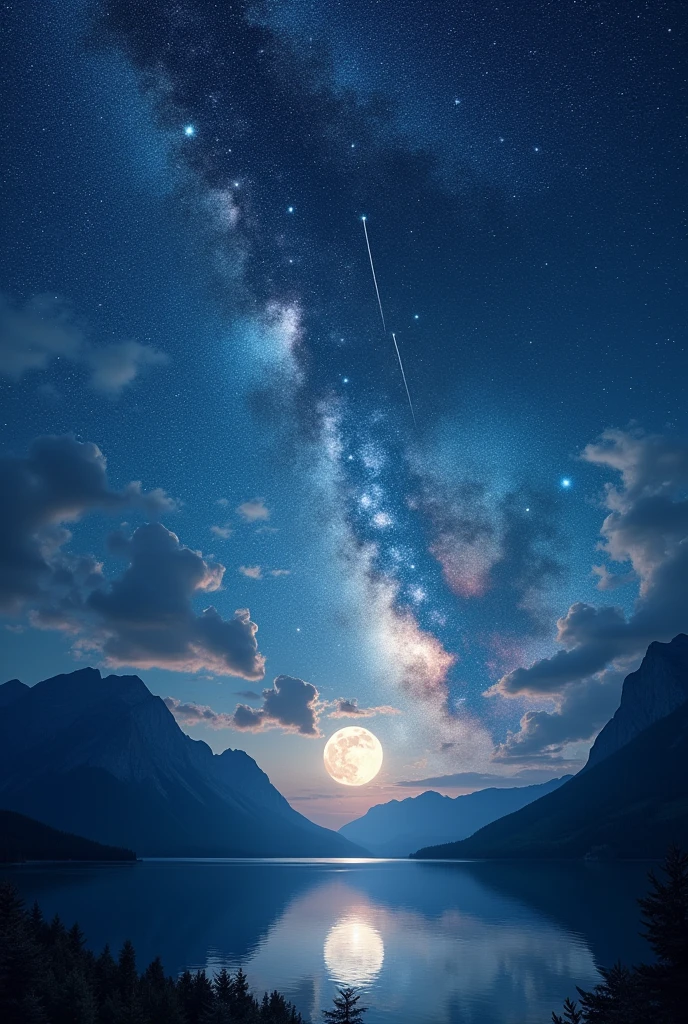 A beautiful sky scene,The night sky is filled with,Stars of varying brightness,Glittering galaxies and nebulae add a splash of color to the deep blue sky,In sharp contrast to the blackness of space,A dazzling meteor streaked across the sky,Breaking the monotony of the sky,Leaving behind a trail of glowing particles,far away,A full moon emits a soft silver light,Illuminating a peaceful silhouetted landscape,Towering mountains and calm lakes reflect the sparkling night sky,Glittering constellations dance around the moon,Each constellation tells a mythical figure and a legendary story