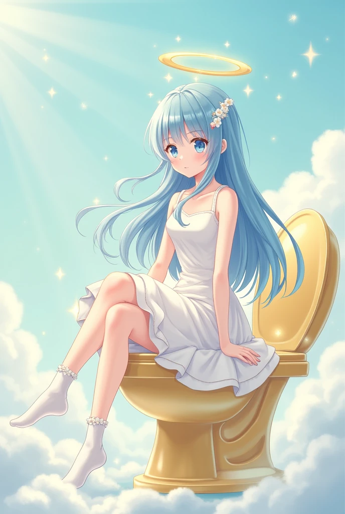 a anime girl with blue hair and a halo and perfect white chlotes from the heeavens and she is pooping in a perfect toilet from the heavens
 and she is wearing a white skirt from the heavens and she is wearing perfect socks
 from the heavens
