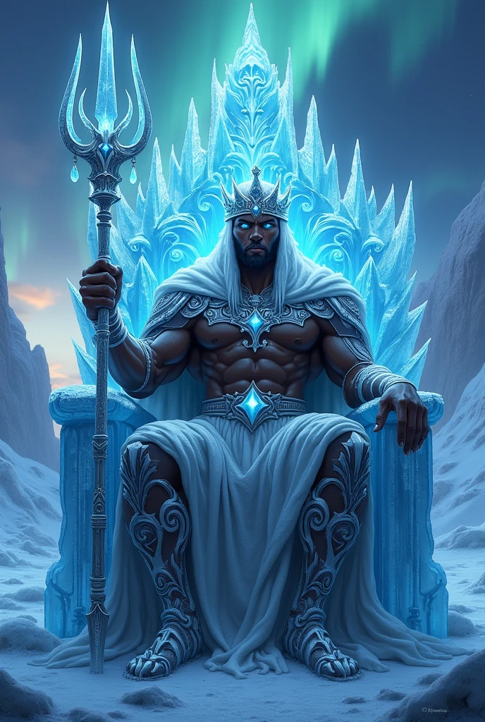 Black man ice powers. Sitting on ice throne. Royal ice crown. Trident
 
