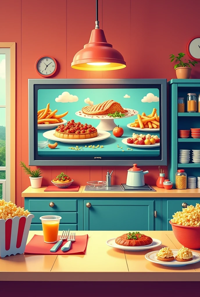 A cartoonish movie kitchen, that has popcorn and food that you can see the kitchen from the front that has a modern television on the top where you can see the food they offer, that does not have people, and that the kitchen is horizontal, that it looks flat from the front, that the kitchen is long horizontally