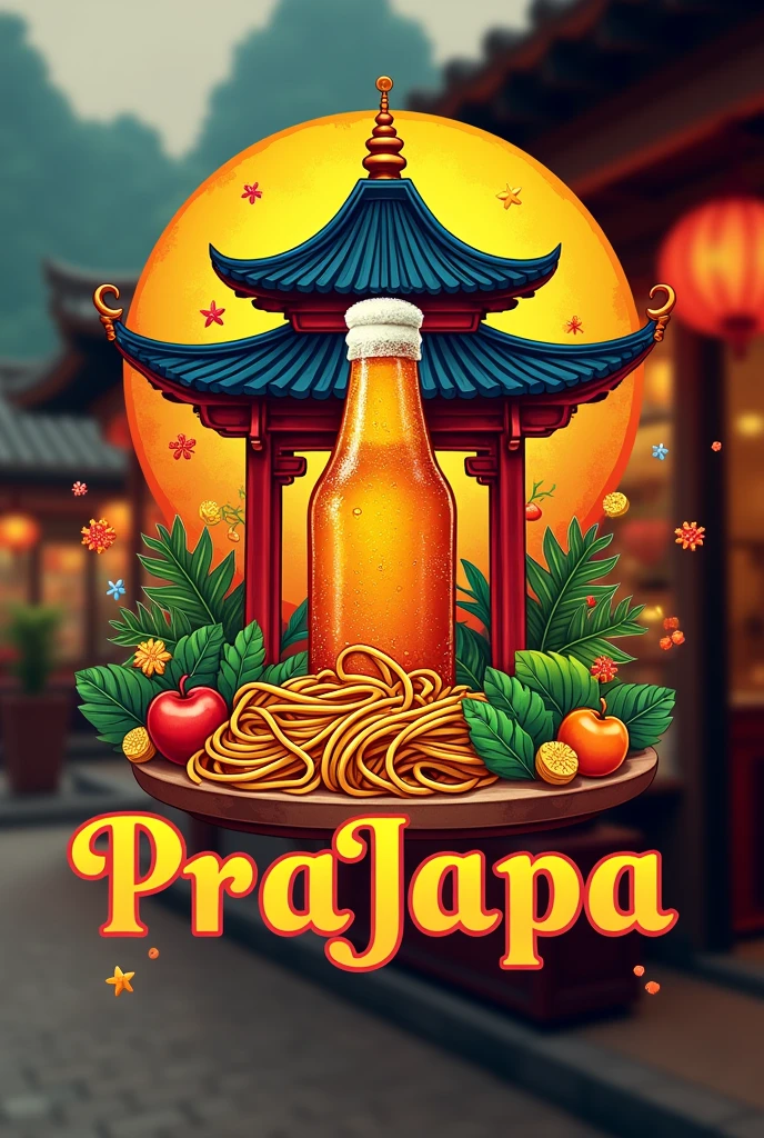 create a logo for a restaurant with oriental characteristics, Italian pasta dough, Indian spices, Brazilian family, store name written "PraJapa" and bottle of beer