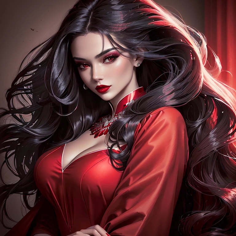 a woman with long hair and Red lipstick in a red dress, gorgeous digital art, Rick Nagualero, Red color, beautiful gorgeous digital art, Grayscale photo with red dress, great art, Digital Fine Art Photography, beautiful digital artwork, sexy Red lips, sultry digital painting, Red lips, beautiful digital art, digital art of elegance