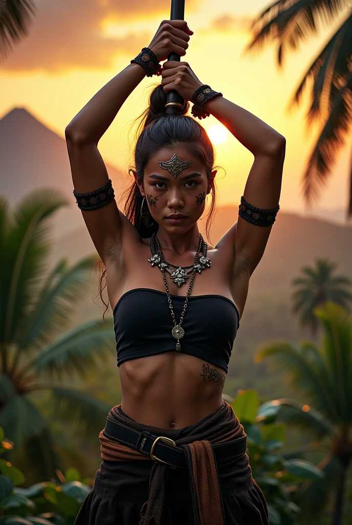 draw indonesia female warrior black tube top 2 arm rise with sword dan spear