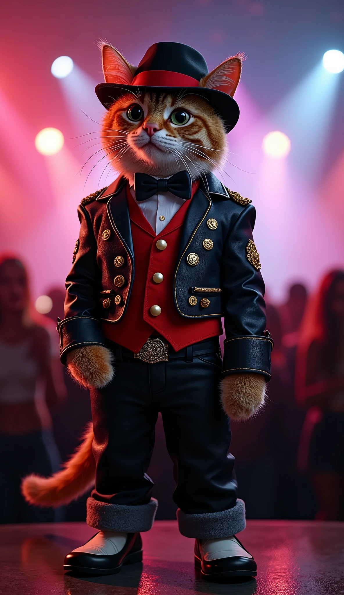 A cat dressed as Michael Jackson is standing、The background is a concert venue