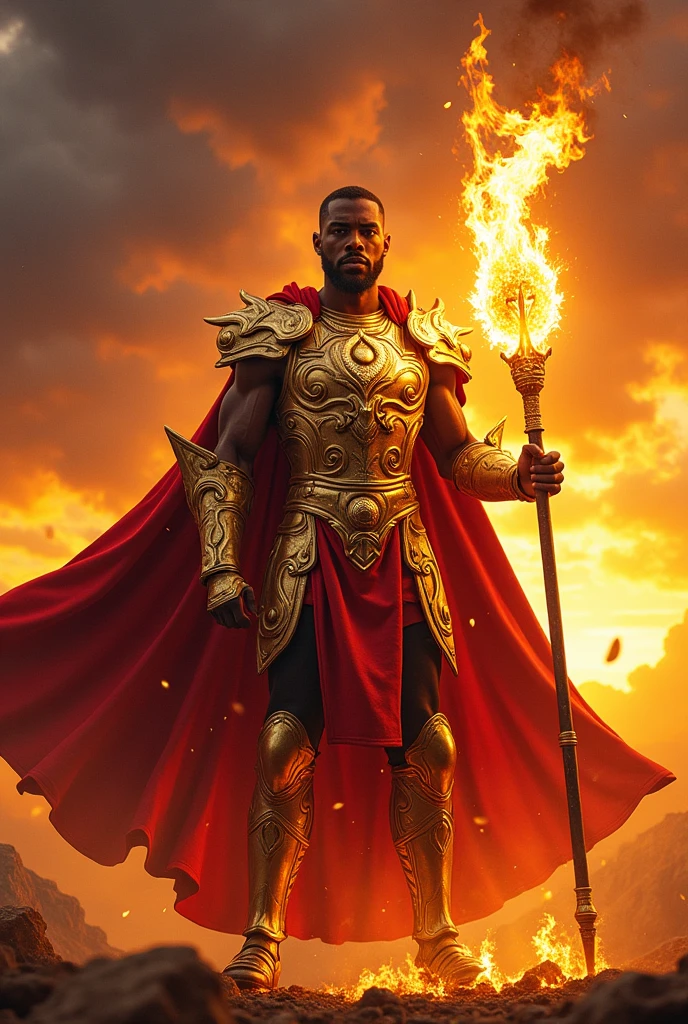 Black man. With fire powers. Wearing a golden armor. With a red cape. Hold a giant fire spear