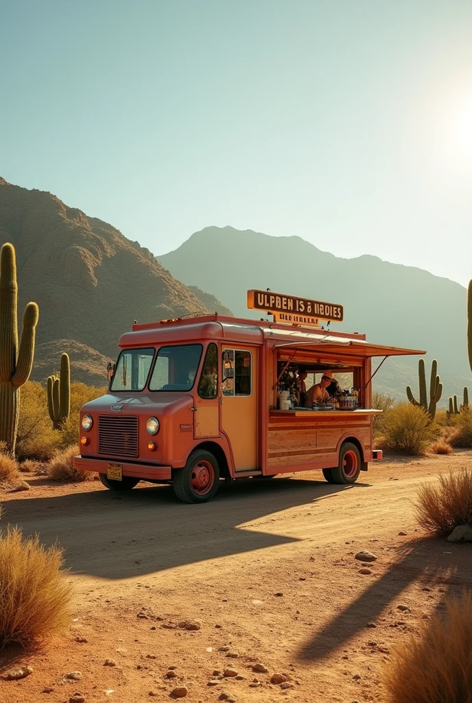 Create an image of a food truck on the side of the road in the Elqui Valley, with rustic theme, woods and cactus