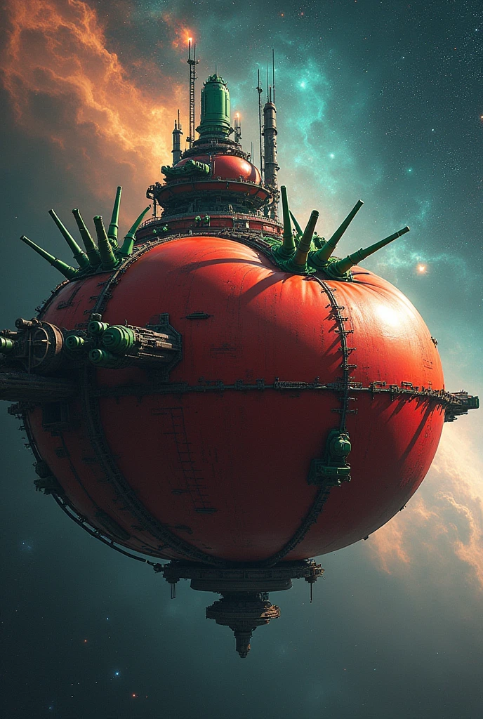 masterpiece, Highest quality, sf,((Sea of stars))、(A space fortress with a diameter of 2 kilometers、Tomato type)、Countless catapults、Countless guns、Red base, green mechanical parts、A distant nebula、