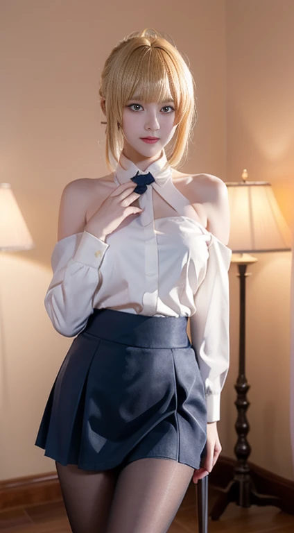 Know, 1 Girl, Artoria Pendragon \(destiny\), Solitary, role play, Pantyhose, shirt,skirt, Neck strap, Long sleeve,Random, 女式shirt, skirt, Blonde Hair, Ahog,Headband, short hair, Braided Bun, Side lock, Bangs, ((Cowboy shooting)), ((Bare shoulders)), ((Short skirt, Sexy long legs)), ((Elegant and charming gesture, Random View)), Practical detailed photo of a giant breasted girl with exposed shoulders, Delicate fingers, High quality skin, Red Eyes, Alone in a winter scene with clouds, wind, and long flowing hair, (best quality,4K,8K,high resolution,masterpiece:1.2),Extremely detailed,(Practical,photoPractical,photo-Practical:1.37),Studio Lighting,Bright colors