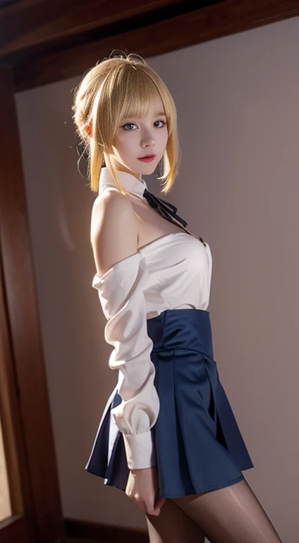 Know, 1 Girl, Artoria Pendragon \(destiny\), Solitary, role play, Pantyhose, shirt,skirt, Neck strap, Long sleeve,Random, 女式shirt, skirt, Blonde Hair, Ahog,Headband, short hair, Braided Bun, Side lock, Bangs, ((Cowboy shooting)), ((Bare shoulders)), ((Short skirt, Sexy long legs)), ((Elegant and charming gesture, Random View)), Practical detailed photo of a giant breasted girl with exposed shoulders, Delicate fingers, High quality skin, Red Eyes, Alone in a winter scene with clouds, wind, and long flowing hair, (best quality,4K,8K,high resolution,masterpiece:1.2),Extremely detailed,(Practical,photoPractical,photo-Practical:1.37),Studio Lighting,Bright colors