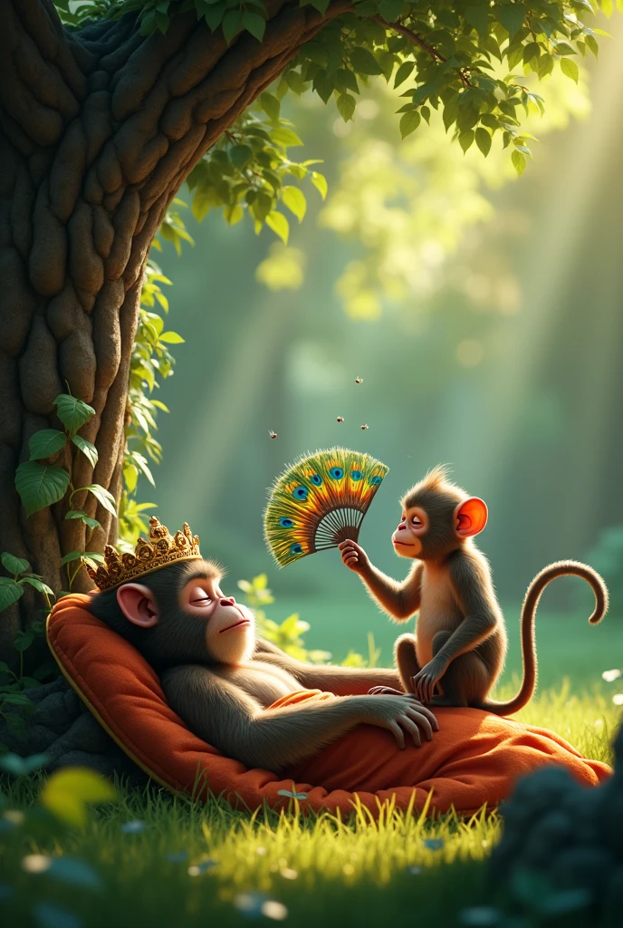Monkey Shooing Away Flies: The monkey sitting next to the sleeping king under the tree, swatting away flies with a small, delicate fan made of peacock feathers. The scene captures the monkey’s dedication and care for the king.