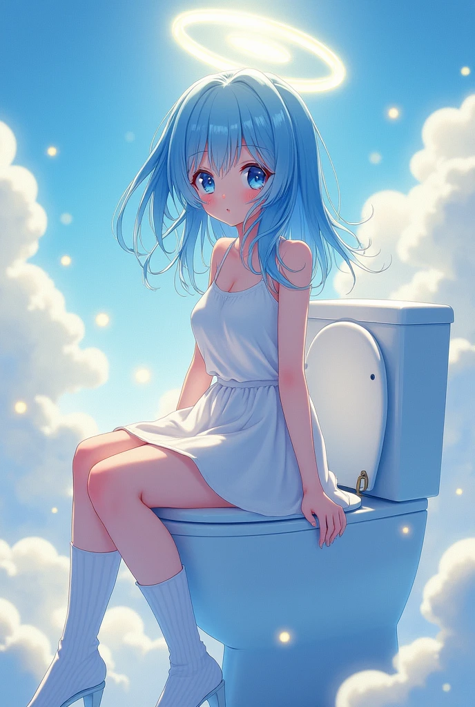 a anime girl with blue hair and a halo and perfect white chlotes from the heeavens and she is pooping in a perfect toilet from the heavens
 and she is wearing a white skirt from the heavens and she is wearing perfect socks
 from the heavens

