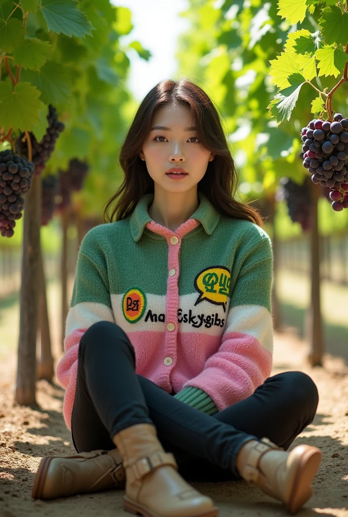 A beautiful white-skinned Korean woman with clean, smooth skin wearing a green and pink cardigan with the Mamaskygibs logo, black jeans, sandals, boots, sitting under a vine while holding grapes in a vineyard background, original photo