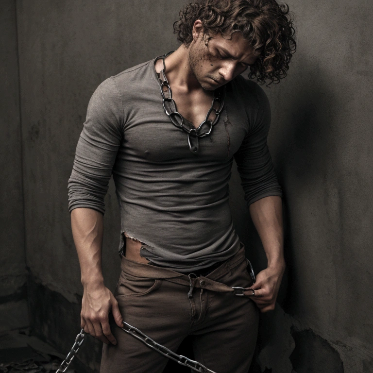 Draw a man in a gray shirt and brown pants. He has curly hair and is chained. He is injured and hurt. Draw him looking tired and lonely. draw him with torn and bloody clothes in a realistic style with a dark setting