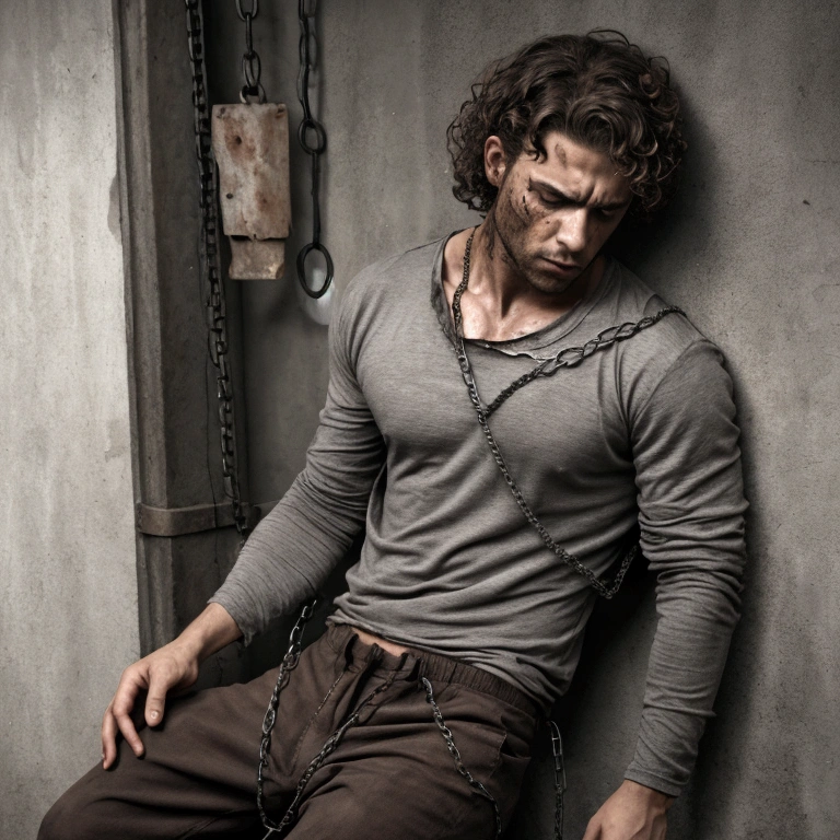 Draw a man in a gray shirt and brown pants. He has curly hair and is chained. He is injured and hurt. Draw him looking tired and lonely. draw him with torn and bloody clothes in a realistic style with a dark setting