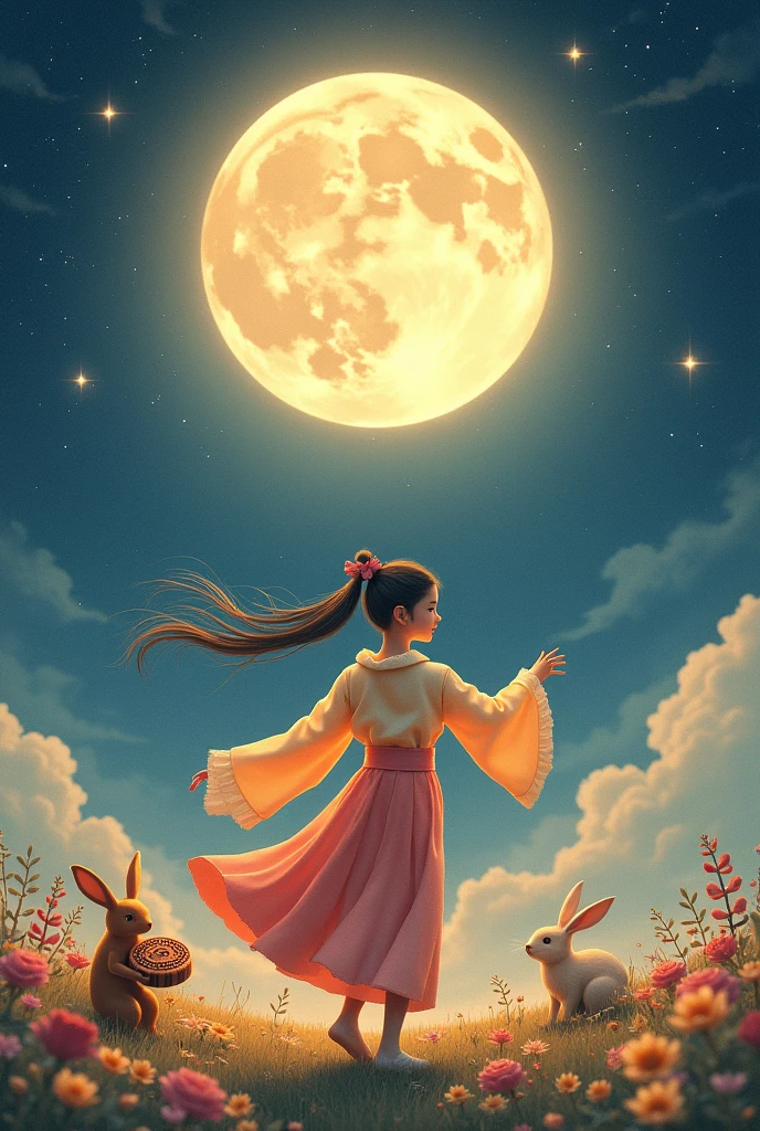 Microphotography，Felt style，1 girl wearing Hanfu，Felt clothing looks soft and warm in the moonlight，Huge Moon，Sparkling stars，(Stars:1.5)，(Milky Way Starry Sky:1.5)，She stood under the bright moon，Dancing lightly，Surrounded by the tranquil night sky and hazy clouds，There is a round moon cake next to the girl.，Looks sweet and delicious，Side，A cute rabbit is holding another moon cake，Colorful flowers，Seems to be enjoying the food of this festival，Vibrant and fun，3D Photography