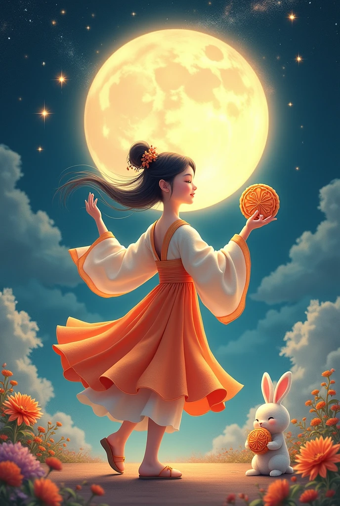 Microphotography，Felt style，1 girl wearing Hanfu，Felt clothing looks soft and warm in the moonlight，Huge Moon，Sparkling stars，(Stars:1.5)，(Milky Way Starry Sky:1.5)，She stood under the bright moon，Dancing lightly，Surrounded by the tranquil night sky and hazy clouds，There is a round moon cake next to the girl.，Looks sweet and delicious，Side，A cute rabbit is holding another moon cake，Colorful flowers，Seems to be enjoying the food of this festival，Vibrant and fun，3D Photography