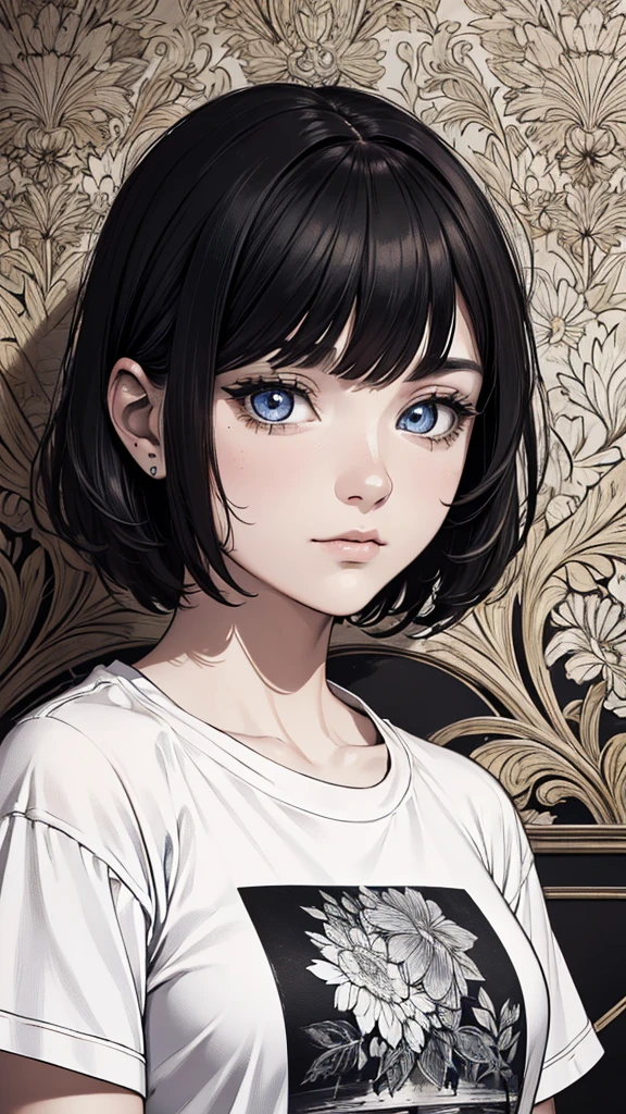 (hyperrealistic), (8K), (extremely detailed), (best illustration), (beautiful detailed eyes), (best quality), (ultra-detailed), (masterpiece), (wallpaper), (detailed face), solo, (t-shirt:1.1), looking at the audience, exquisite details, short hair, black hair, closed mouth, bangs,