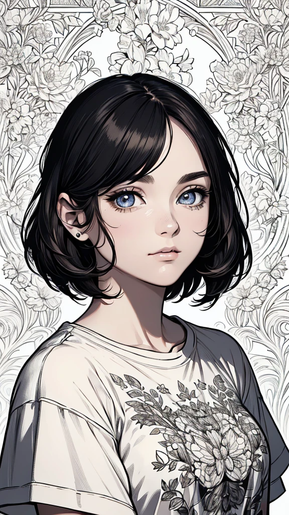 (hyperrealistic), (8K), (extremely detailed), (best illustration), (beautiful detailed eyes), (best quality), (ultra-detailed), (masterpiece), (wallpaper), (detailed face), solo, (t-shirt:1.1), looking at the audience, exquisite details, short hair, black hair, closed mouth, bangs,