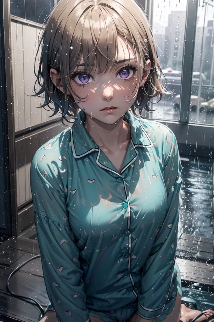 Designed pyjamas, patterned pyjama, ((Nighttime, very dark image, very little light)), ((gorgeous purple eyes)), Very short hair, ((Highly detailed, extreme detail, amazing art)), raining, heavy rain, dark, midnight, 1girl, soaking wet drenched, wearing nothing but a pyjama shirt, shirt caramel-blonde hair, depressed, soaking wet hair, hair sticking to her face, heavy rain, thunderstorm, teal pyjama top, naked, petit chest, very short hair, buttoned up pyjama top, bare legs, no underwear, very dark night time, black sky, the only source of light is a single amber street light, no light, dark background, miserable, sad, crying, buttoned pyjama shirt, slightly transparent pyjama shirt,