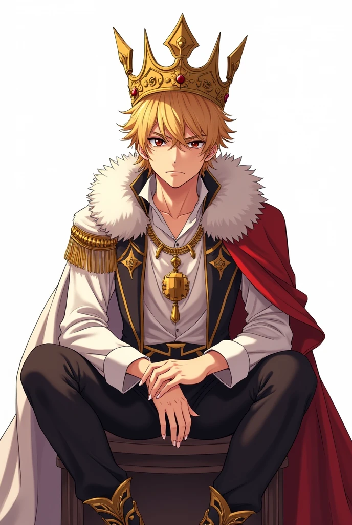 King Anime adult Boy serious sitting with a crown and white background Without the throne