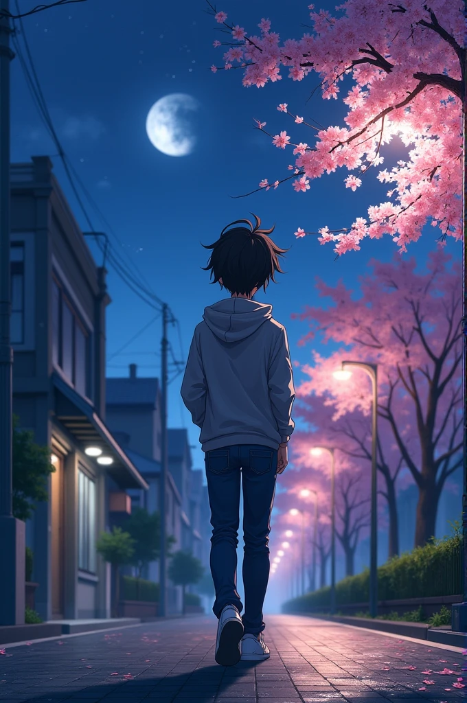 A 19 year anime boy is walking in night alone and the pic will be taken from her behind