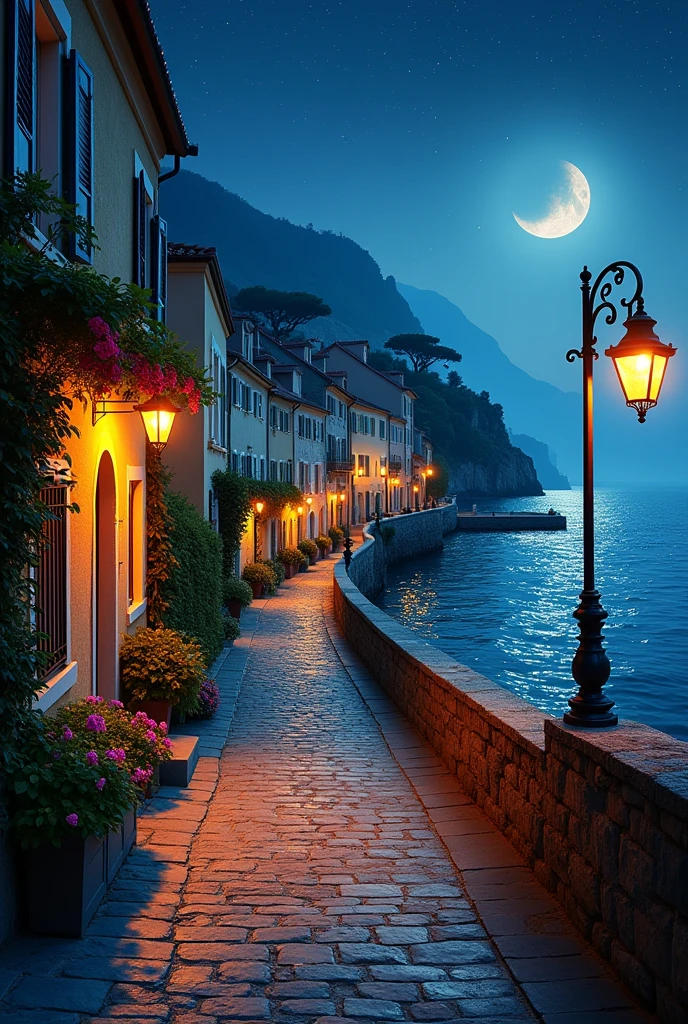 Cityscape by the sea、night、Street lamp、Home、star、Europe