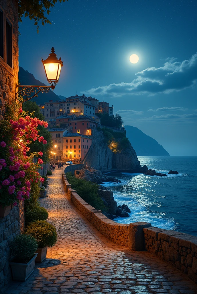 Cityscape by the sea、night、Street lamp、Home、star、Europe