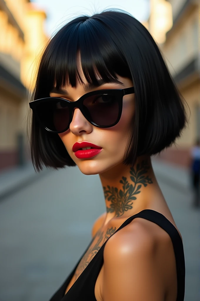 realistic photograph of a slim woman, tattooed on the neck, short straight black hair, eyes a little slanted, greek nose, red lips and sunglasses